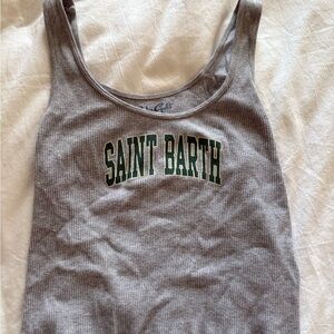 Brandy Melville Heather Gray Ribbed Tank with Faded Navy Logo